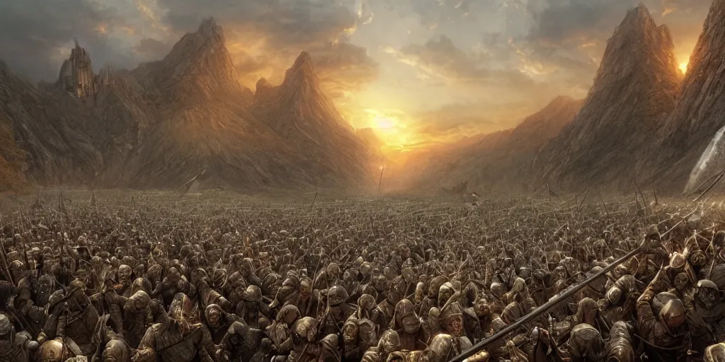 Image similar to Battle at Helm's Deep, golden hour, detailed matte painting, cinematic, Alan Lee, Artstation