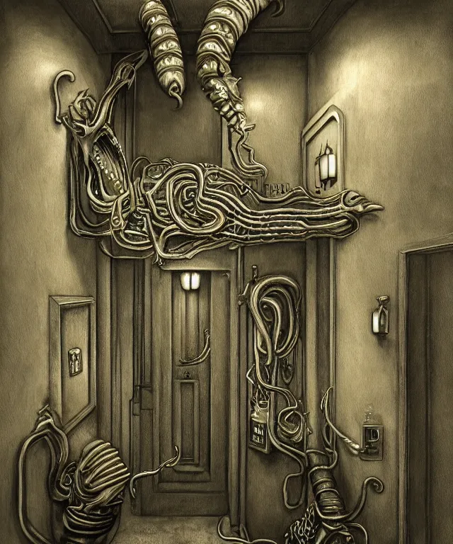 Image similar to horrifying photorealistic painting of a 1 9 2 5 hotel elevator lobby with teeth instead of elevator doors, opening sideways with a tentacle licking out, dark, atmospheric, brooding, smooth, finely detailed, cinematic, epic, lovecraft, in the style of larry elmore