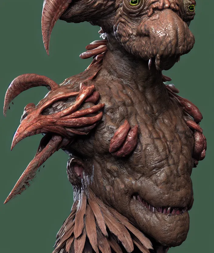 Prompt: a high poly zbrush sculpt portrait of an ork in a dark forest, muscles normal map creature made of doglike class aves skin veins merged anaconda, bump map strangled by plastic wrap bower bird creature wrinkles pheasant, ivy complex feathers exotic morphing hoopoe, zebra morphing wings king vulture head