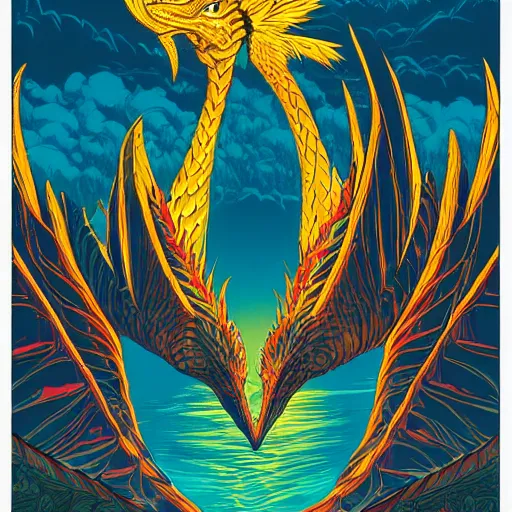 Image similar to A beautiful detailed vivid color colorful comic illustration of King Ghidorah, by Dan Mumford, trending on artstation