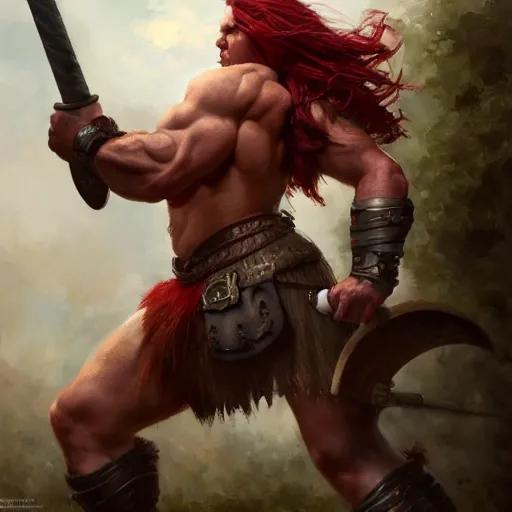 Image similar to bulky muscular scottish warrior with red hair, 4 k oil on linen by wlop, artgerm, andrei riabovitchev, nuri iyem, james gurney, james jean, greg rutkowski, highly detailed, soft lighting 8 k resolution