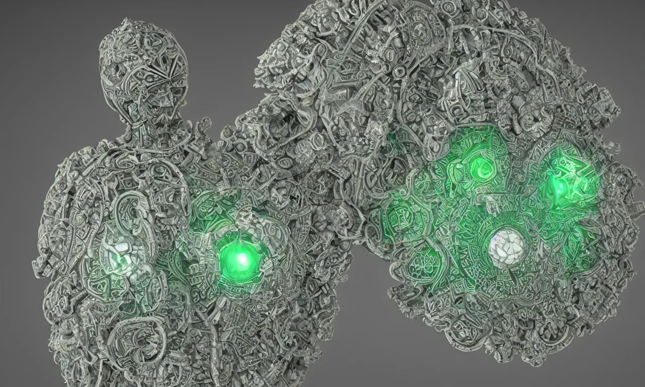Image similar to mandrelbot 3 d volume fractal mandala ceramic chakra digital color stylized an ancient white bone and emerald gemstone relic, intricate engraving concept 3 d point lighting substance patern natural color scheme, global illumination ray tracing hdr fanart arstation by sung choi and eric pfeiffer and gabriel garza and casper konefal