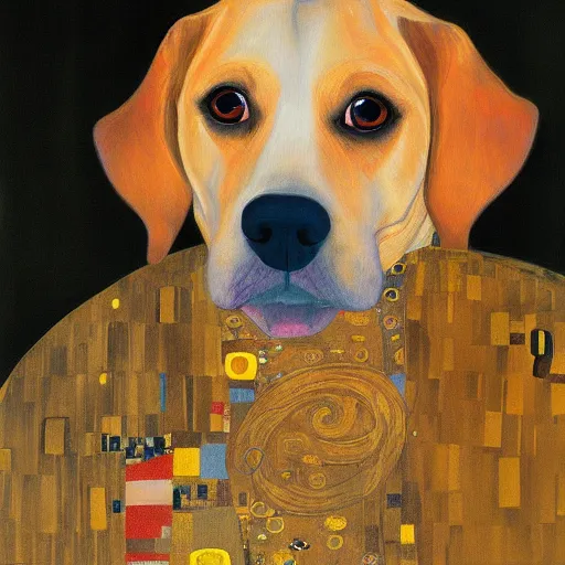 Prompt: a painting portrait of a dog celebrating by gustav klimt, trending on artstation, 4 k, very detailed