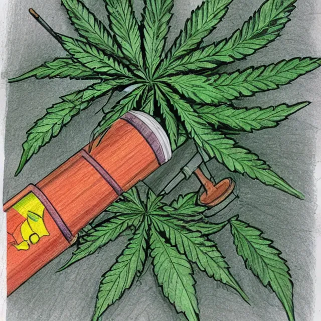 Prompt: cannabis leaf smoking a bong, colored pencil illustration
