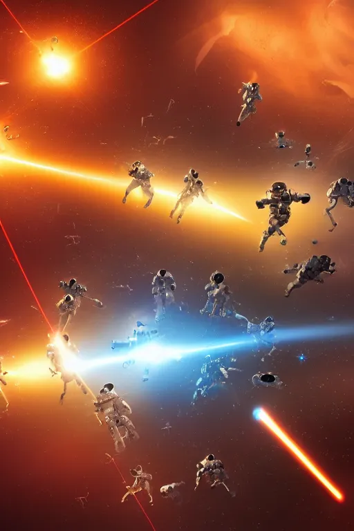 Image similar to wide view of a dozen futuristic spacemen firing lasers, zero gravity, floating, in space, bright, hiding behind obstacles, surrounded by a laser grid, stars visible, unreal engine, lensflares, low perspective, vector, polygons