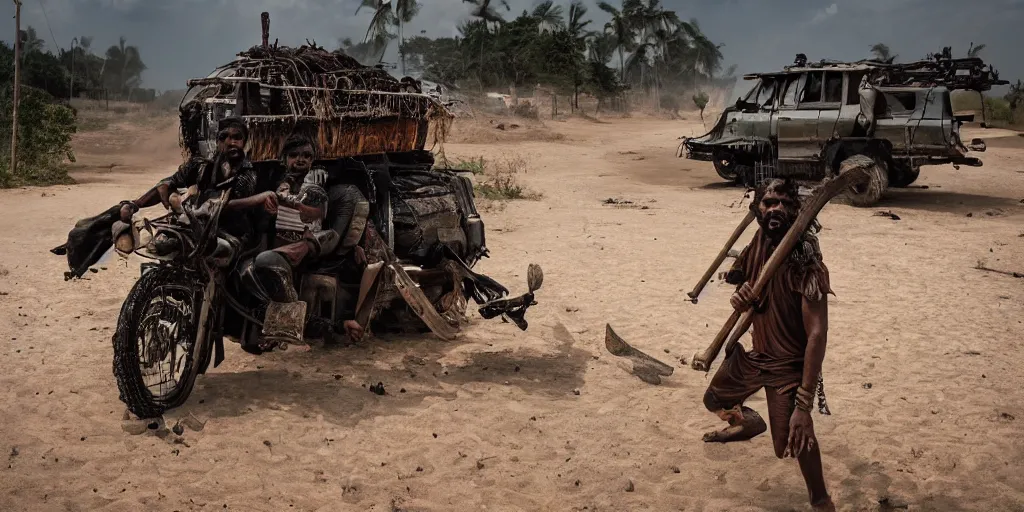 Prompt: sri lankan mad max style, guitar, film still, epic shot cinematography, rule of thirds