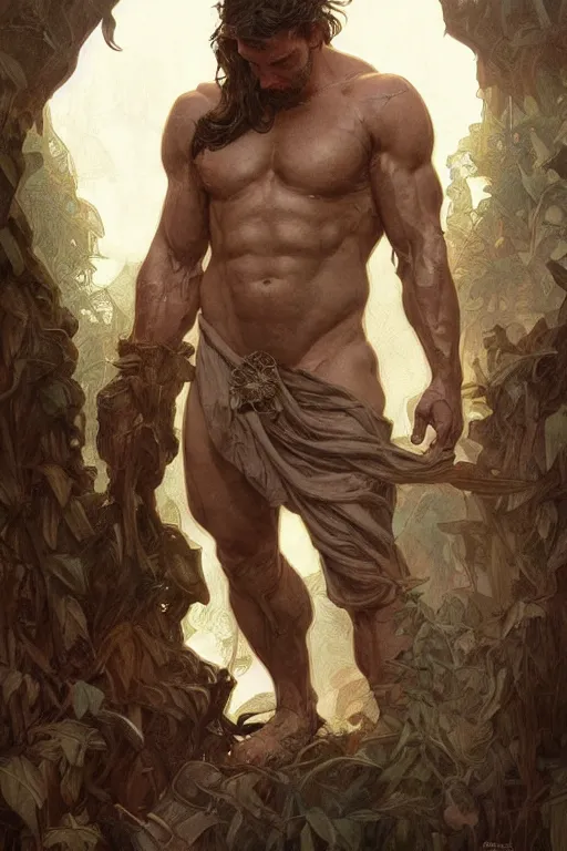 Image similar to portrait of a depressed herculian man, forest, full body, muscular, fantasy, intricate, elegant, highly detailed, digital painting, artstation, concept art, sharp focus, illustration, art by artgerm and greg rutkowski and alphonse mucha