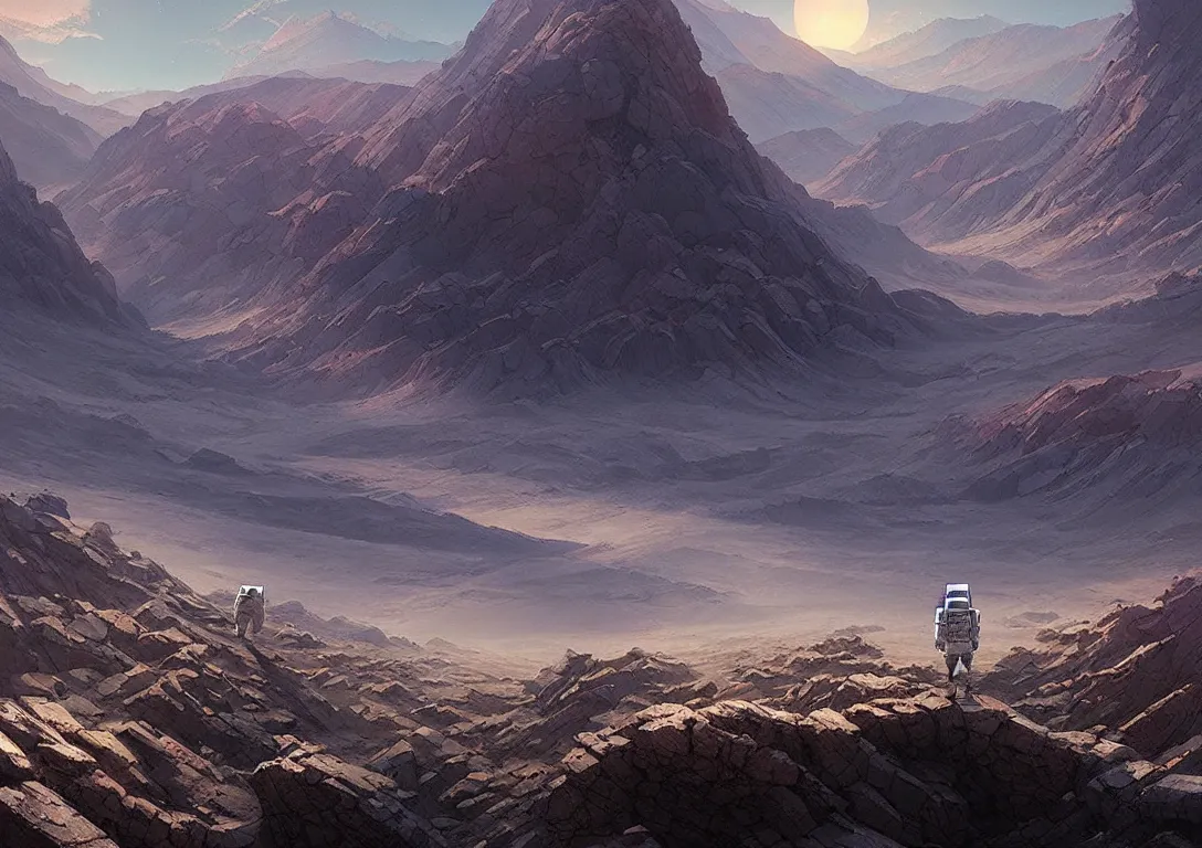 Image similar to an astronaut exploring death valley, ruins of ancient civilization are visible, ultra high definition, ultra detailed, symmetry, sci - fi, studio ghibli color scheme, by greg rutkowski and ross tran