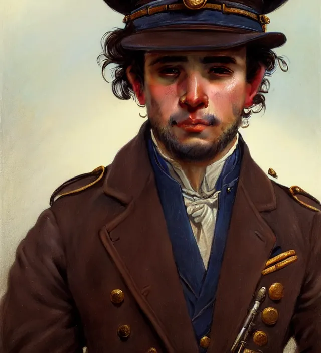 Prompt: candid portrait of a man with brown curly hair and deep brown eyes, wearing a blue traditional colonial military jacket, intricate, highly detailed, digital painting, artstation, concept art, sharp focus, cinematic lighting, illustration, art by artgerm and greg rutkowski, alphonse mucha, cgsociety