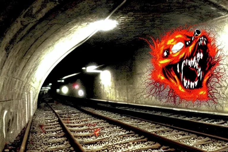 Image similar to very large giant mutant zombie irradiated ( angry rat ) staying on railways in tonnel of moscow subway. tonnel, railways, giant angry rat, furr, fangs, very realistic. extreme long shot, rusty colors, ( herman nitsch, giger ), anish kapoor.