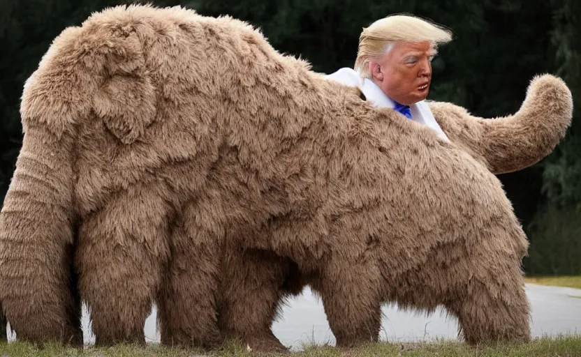 Image similar to Donald Trump in a baby mammoth costume , with an open face