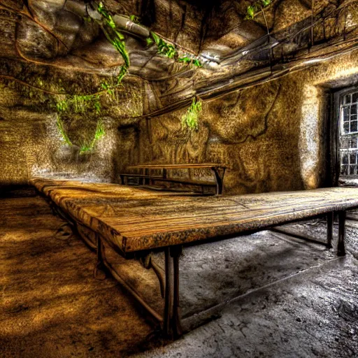 Image similar to you wake up on a cold bench, you look around. you find out that you are locked inside a musky cold abounded cellar with vines, moss and mushrooms growing around you, realistic, hdr, clear image, hdd, rtx on, dynamic lighting,