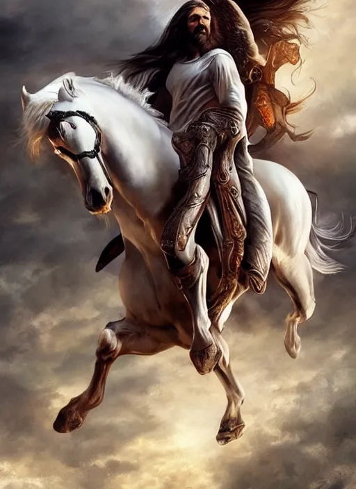 Prompt: the first horseman of the apocalypse riding a white stallion, horse is up on it's hind legs, the rider looks like jesus, ominous, beautiful, artwork by artgerm and rutkowski, breathtaking, dramatic