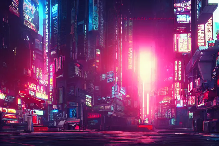 Image similar to wide-angle high-res rendering of the inside of cyberpunk street with large screens in 2077, intricate, elegant, sunrays, trending on Artstation, stunning volumetric lighting, Unreal Engine, 8K