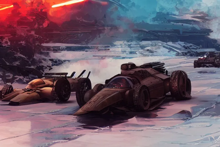 Prompt: dieselpunk digital illustration of mad max's military mclaren f 1 speeding across a frozen lake by makoto shinkai, ilya kuvshinov, lois van baarle, rossdraws, basquiat