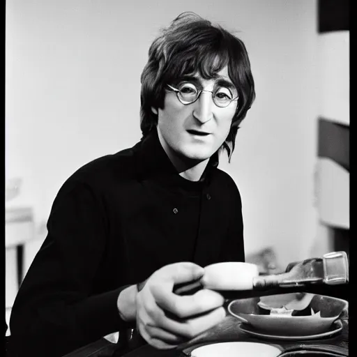 Prompt: a professional photo of john lennon in 1 9 6 4 on a cooking tv show, monochrome, f / 1. 4, 9 0 mm