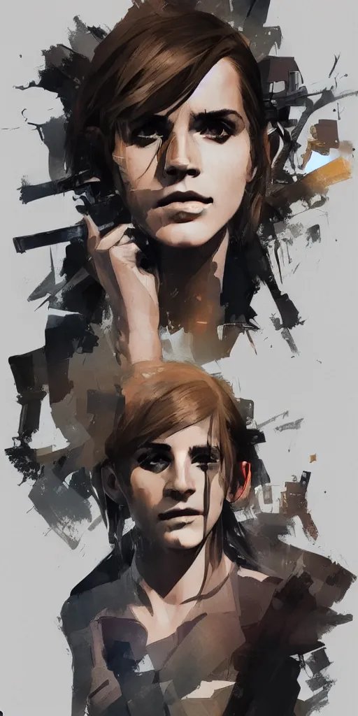 Image similar to emma watson wearing metal gear armor holding ak-47 dramatic lighting art by Yoji Shinkawa by Richard Schmid by greg rutkowski by Sandra Chevrier by Jeremy Lipking cinematic dramatic