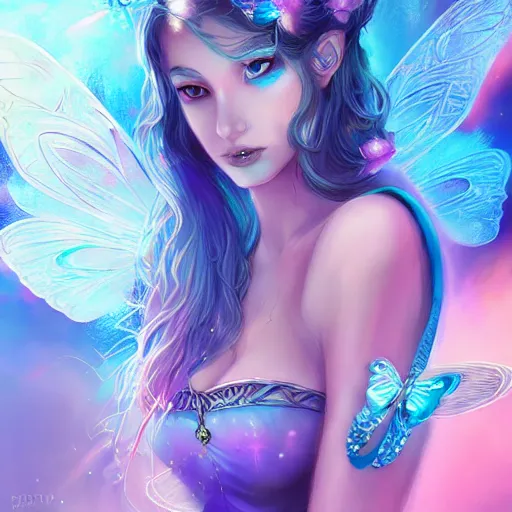 Prompt: beautiful faery sorceress, glowing blue butterflies, flowing blue air, digital paint brush, in the style of artgerm, illustration, epic, fantasy, intricate, hyper detailed, artstation, concept art, smooth, sharp focus, vibrant, indi creates