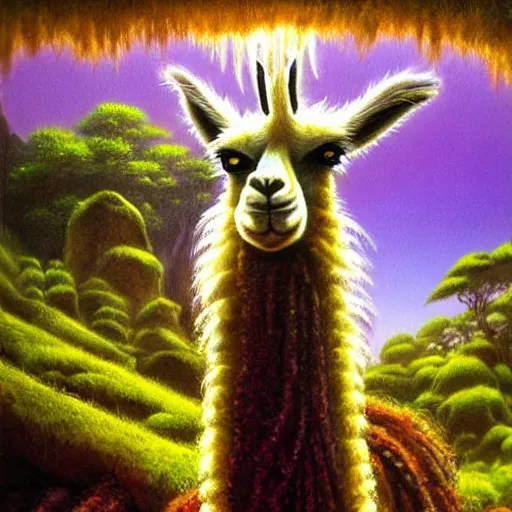 Image similar to llama with dreadlocks, smooth light, jungle in background, by Paul Lehr, detailed, macro