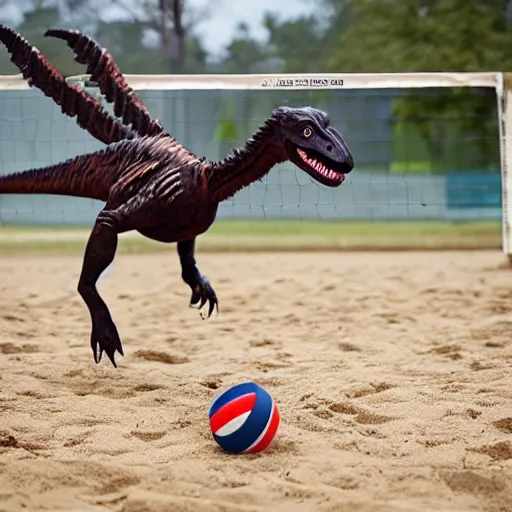 Image similar to a velociraptor playing volleyball with a horse