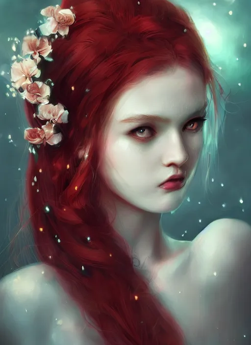 Prompt: a gorgeous flower princess portrait by WLOP, emerald eyes, red hair, digital painting, beautiful lighting, ominous, cgsociety