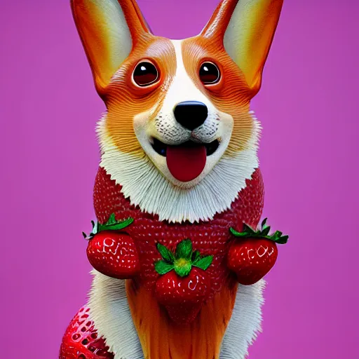 Prompt: corgi with strawberry skin, in strawberry jam : ornate, dynamic, particulate, intricate, elegant, highly detailed, centered, artstation, smooth, sharp focus, octane render