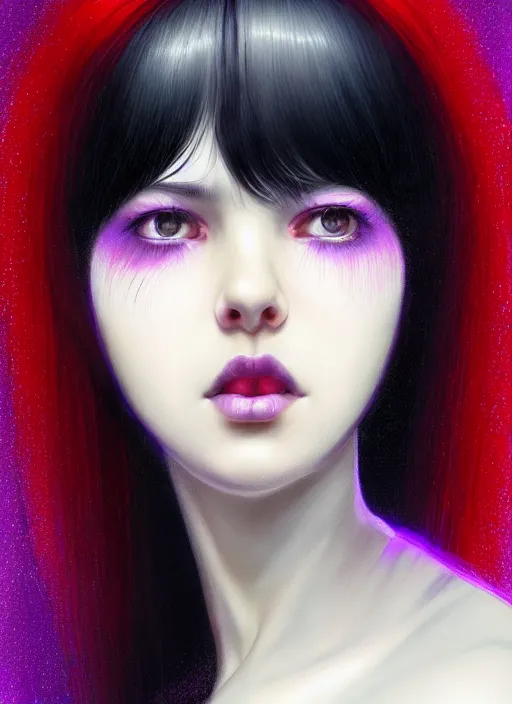 Image similar to portrait of teenage girl with white bangs, red irises, black hair, purple clothes, white bangs, bangs are different color from hair, intricate, front of hair is white rest is black, elegant, glowing lights, highly detailed, digital painting, artstation, concept art, smooth, sharp focus, illustration, art by wlop, mars ravelo and greg rutkowski