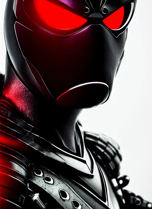 Prompt: kamen rider character, face like grasshopper, bionic, intriguing, highly detailed, black armor, red glow eye, 4 k, hdr, award - winning, in kamen black style, artstation, octane render