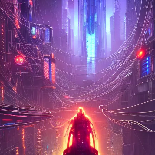 Image similar to cats cyborg inside an scifi tentacles wires futuristic city, beautiful neon cats, cinematic, highly detailed, photorealistic, rich bright colors, trending on artstation, giger, tsutomu nihei, trending on cgsociety, awe inspiring bruce pennington cityscape, digital art painting of 1 9 6 0 s