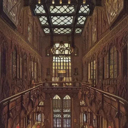 Prompt: main hall of a castle with dark wood trim and stained glass windows, with a grand staircase that leads to many balconies, subtle lovecraftian vibes, looking upwards, hyper detailed ethereal, oil painting, colored, detailed, mc escher
