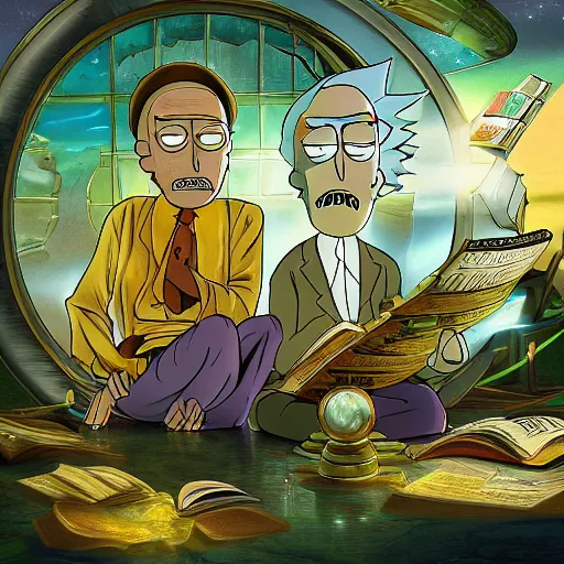 Image similar to The Sapiential sage dreaming with magical reflections of knowledge lost in time ultra high quality surrealism style of rick and Morty