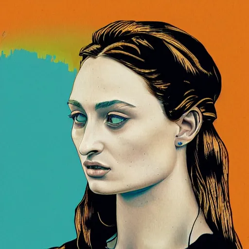 Prompt: sophie turner portrait in detail in block colour by james jean,