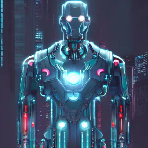 Image similar to ultron bot from avengers age of ultron, cyberpunk concept art, detailed, neon, night, dark, octane renderer, artstation,