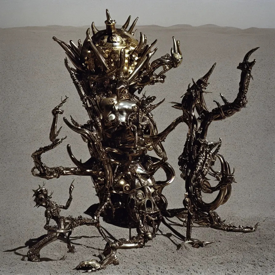 Prompt: salvador dali wearing a golden horned crown and jewels in a dry sand desert landscape, alien spaceship by giger, film still from the movie by alejandro jodorowsky with cinematogrophy of christopher doyle and art direction by hans giger, anamorphic lens, kodakchrome, very detailed photo, 8 k