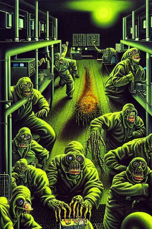 Prompt: a hyperrealistic detailed painting of an emergency at the nuclear power plant, radioactive chimeric radiation monsters eating the laboratory by chris cunningham and richard corben, highly detailed, vivid color,