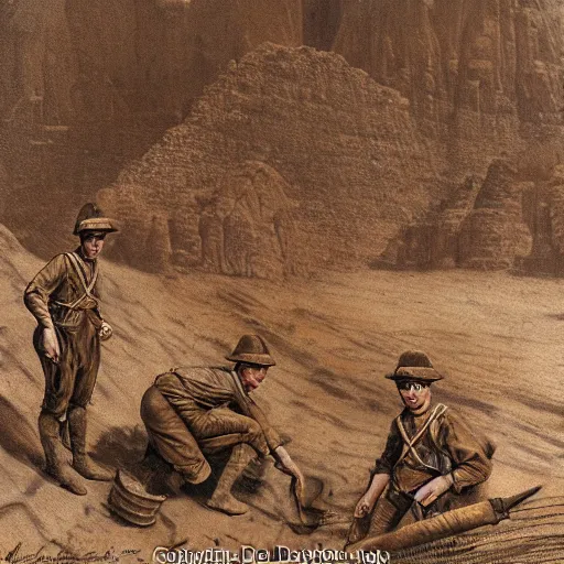 Image similar to ultra detailed photorealistic sepia - toned painting from 1 9 1 7, three british soldiers standing at an archaeological dig site in wadi rum, ultra realistic, painted, intricate details, lovecraft, atmospheric, dark, horror, brooding, highly detailed, by dave dorman