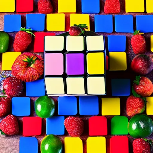 Prompt: a Rubik's cube made of cubes of different fruits, promotional image studio lighting