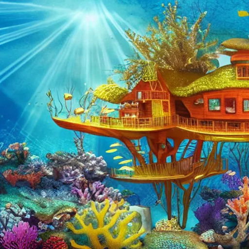 Prompt: fancy treehouse mansion built underwater on coral reef with sun rays from above detailed luminescent magical realism 4 k painting