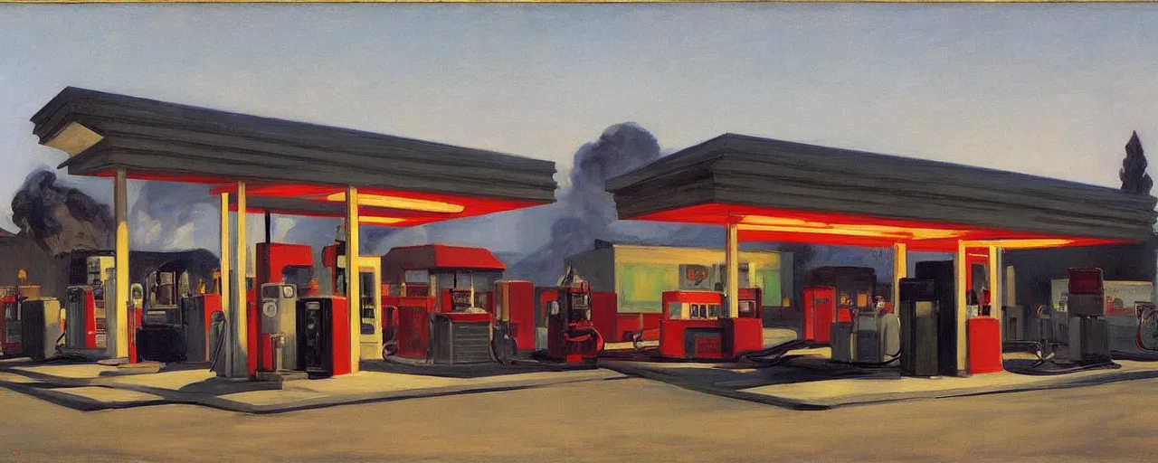 Prompt: burning gas station by edward hopper