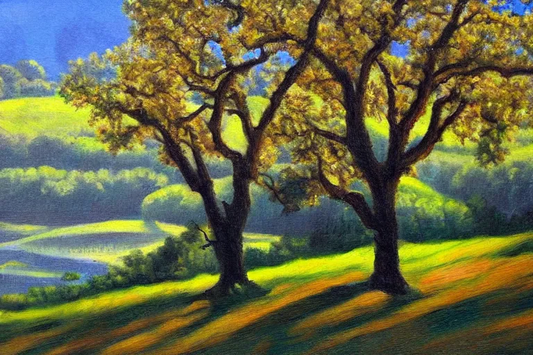 Image similar to masterpiece painting of oak trees on a hillside overlooking a creek, dramatic lighting, by nora collyer