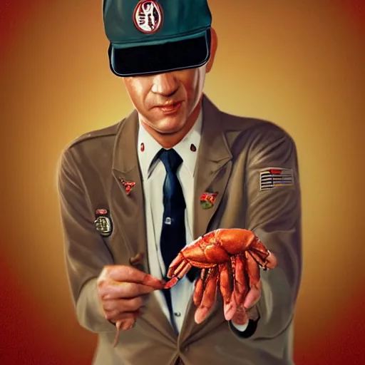 Image similar to tom hanks as forrest gump has shrimps instead of hands, photorealistic, cgsociety, artstation