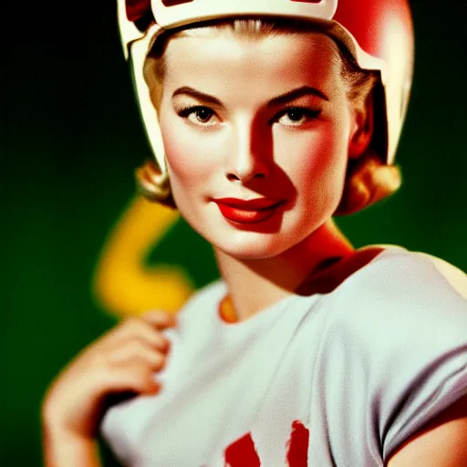 Prompt: analog 4x5 camera portrait photography of a 1940s hollywood starlet grace kelly wearing football helmet, actress, blonde, vivacious, demur, cinematic, portrait color glamour, hq, detailed