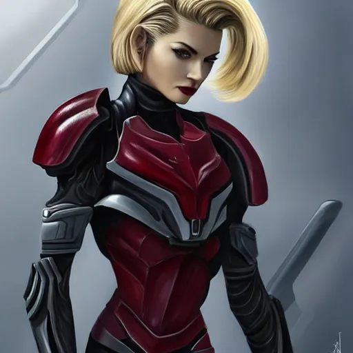 Image similar to A combination of Ada Wong's and Grace Kelly's and Ashley Greene's appearances with blonde hair wearing Spartan Vale's armor from Halo, high tech, action shot, angular, full body portrait, futuristic, fantasy, intricate, elegant, highly detailed, digital painting, artstation, concept art, matte, sharp focus, illustration, 8K, art by Donato Giancola and James Gurney