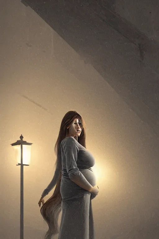 Image similar to pregnant woman under street light, highly detailed, sharp focused, ultra realistic digital concept art by Nikolai Shurygin