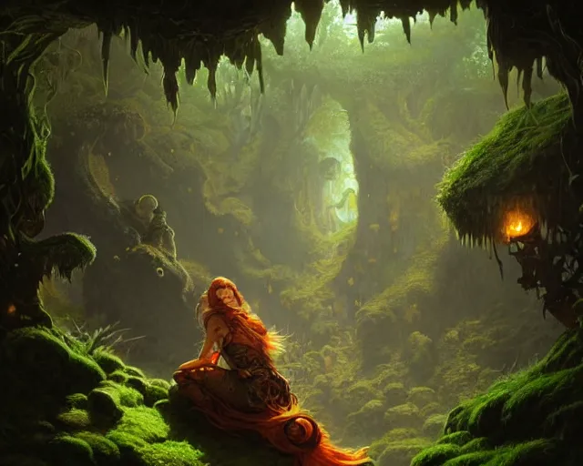 Image similar to mossy cave lit by orange minerals, deep focus, d & d, fantasy, intricate, elegant, highly detailed, digital painting, artstation, concept art, matte, sharp focus, illustration, hearthstone, art by artgerm and greg rutkowski and laura sava and alphonse mucha