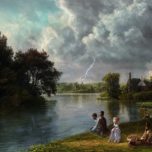 Prompt: portrait of a town by a lake, countryside, victorian, fantasy, cinematic lightning, realistic, highly detailed, painting by henry h parker