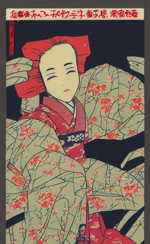 Image similar to by akio watanabe, manga art, the curtain of a japanese theatre, trading card front, kimono, sun in the background