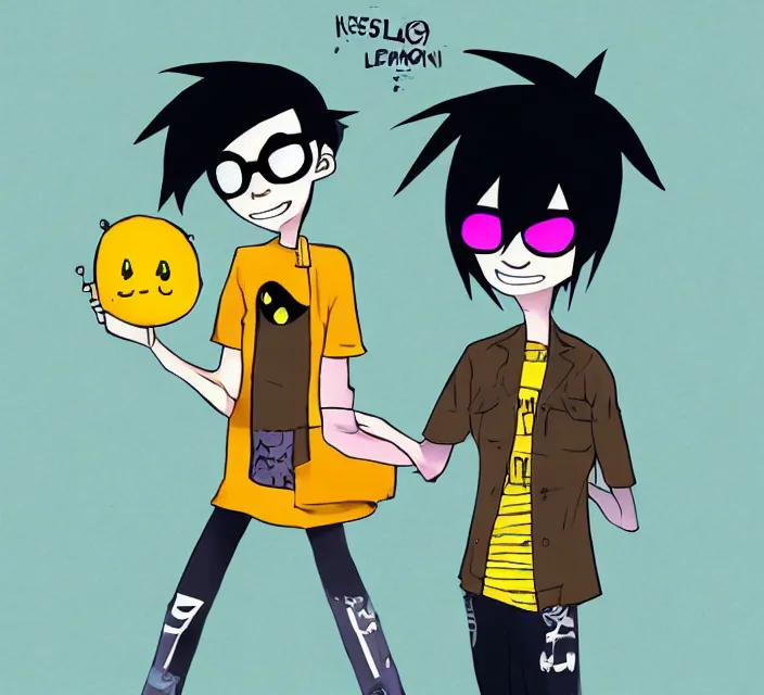 Prompt: a digital drawing of young neil cicierega in a kawaii emo / scene the gorillaz style, with text that says lemon demon trending on pixiv, trending on deviantart