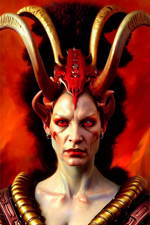 Image similar to painted close - up portrait of a very attractive red - skinned intimidating demon alien - cyborg queen with ram horns! oil painting, wearing a noblewoman's outfit, fantasy art by john singer sargent and gaston bussiere and james jean and greg rutkowski, demon noble character design, hd