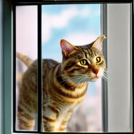 Image similar to a tabby cat looking trought the window, at a nuclear exlosion, realistic photo